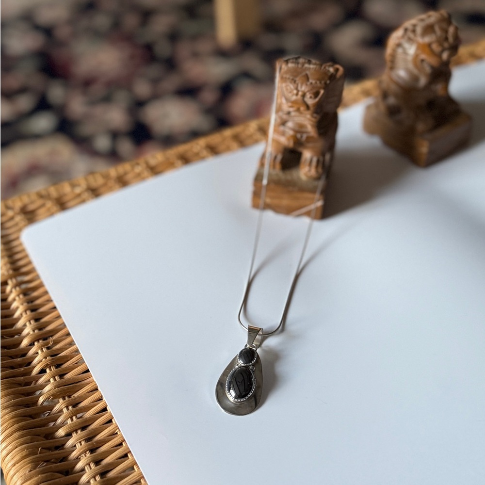 Stunning Hematite and Sterling Signed Pendant on a 16" 925 Italian Snake Chain